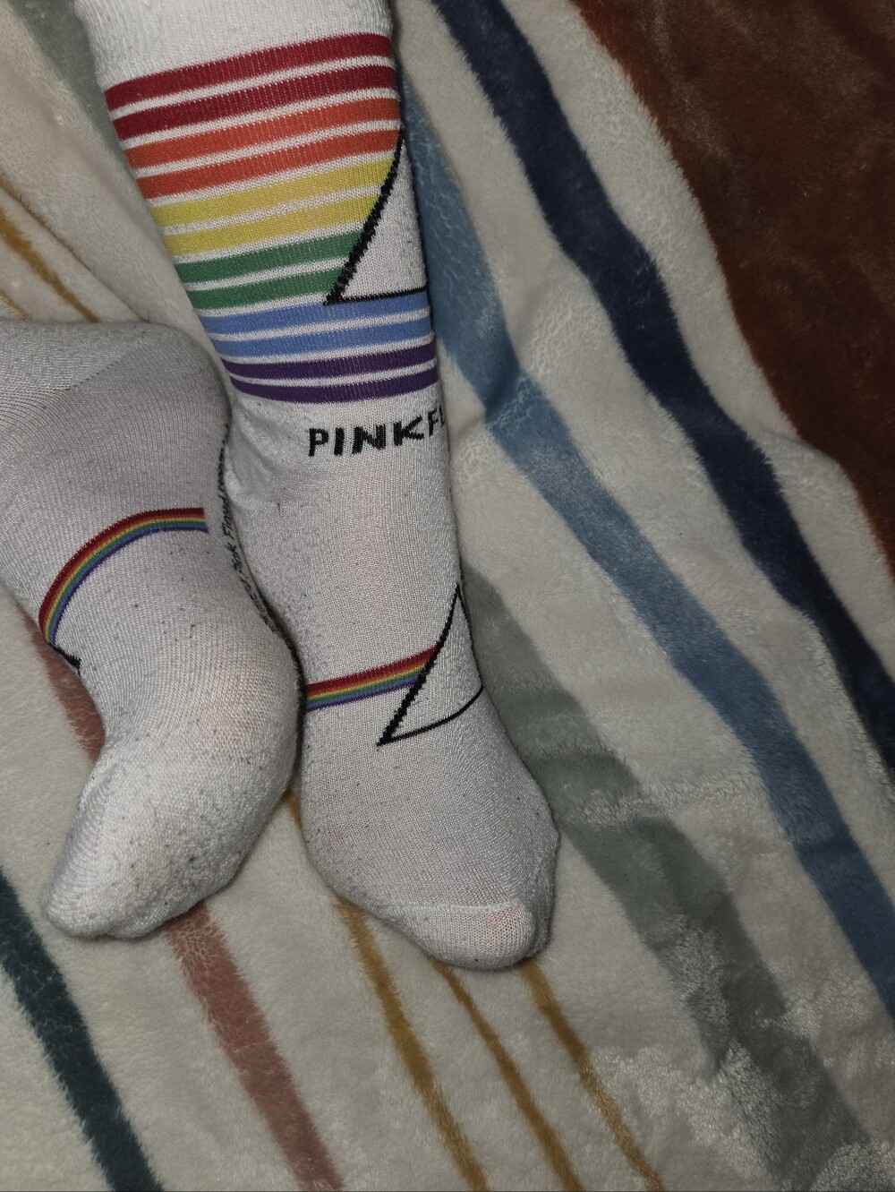 Pink Floyd White Crew Socks with Rainbow Prism Stripes- Well Worn